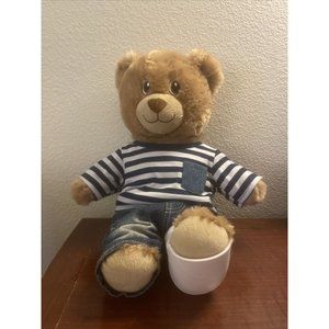 Build a Bear Teddy Bear With Blue Striped Shirt And Jeans W/ White Cast